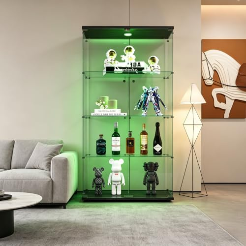 JiaOyu Vetrina in vetro con illuminazione a LED, 4 livelli con 2 ante e serratura, vetrina espositiva per collezionismo antipolvere, vetrinetta espositiva per soggiorno, camera da letto, ufficio