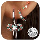 Macachii Pendientes de Navidad para Mujer en Plata de Ley 925, Set Festivo con Lazo Rojo y Verde, Aros Pequeños y Pendientes de Botón, Hipoalergénicos, Joyas de Navidad Regalo para Ella