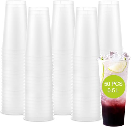 Oungy 50 bicchieri di plastica da 0,5 litri, bicchieri di plastica trasparente, 0,5 l, in plastica dura, resistenti e riutilizzabili, in plastica, per compleanni, feste, matrimoni