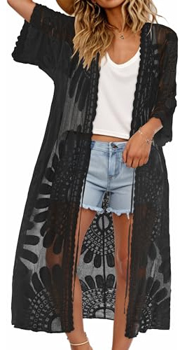 florynova Womens Beach Coverups Lace Kimono Swimsuit Bikini Tops(Black)