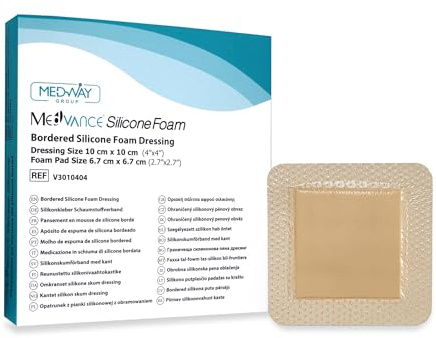 MedVanceTM Silicona - Apósito de espuma adhesiva de silicona con borde Tamaño 10 cm x 10 cm (almohadilla de 7 cm x 7 cm), caja de 5 apósitos