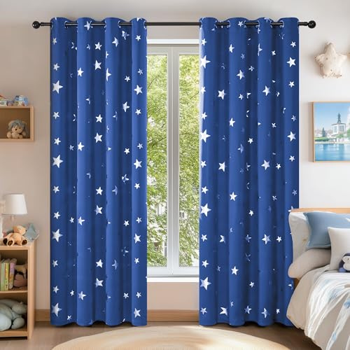 Deconovo Cortinas Opacas de Salón Térmicas Aislantes para Ventanas Infantiles Estrella Plateada 140 x 245 cm Azul Oscuro