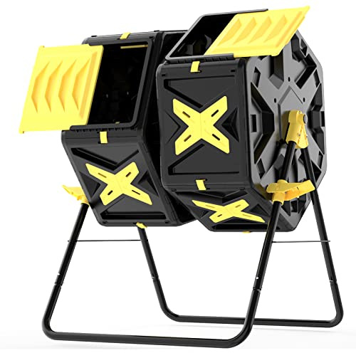 SQUEEZE master Tumbling - Compostiera a doppia camera con sistema Easy Turn per giardino, 140 l, nero e giallo