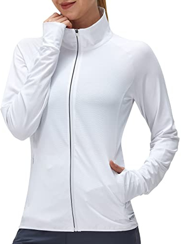 KPSUN Vêtement de protection solaire UPF 50+ à manches longues pour femme - T-shirt léger pour activités de plein air | Chemise de soleil à manches longues avec fermeture éclair, 4 poches, tissu à séchage rapide, veste de protection UV SPF pour