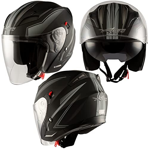 A-Pro Moto Jet Casco Scooter Visiera Doppia ECE 22-06 Certificato Nero Opaco Argento M