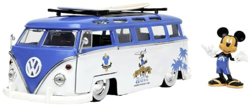 Jada Toys 253075001 - Disney VW Folkabuss med Musse Pigg Figur - VW Folkabuss i Metall med Surfbräda på Taket, Frihjul och Öppningsbara Dörrar Inklusive Musse Pigg Figur i Metall, 1:24, Från 8 år