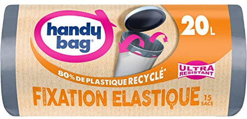 Handy Bag - Sacs poubelle fixation élastique 20L x 15 sacs - Maintient le sac en place - Ultra Résistant - Film triple épaisseur - Étanchéité maximale - 100% plastique recyclé