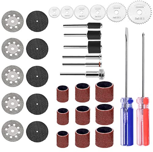 Keadic 94Pcs Rotary Tool Accessories Kit Contains Drum Sander Sanding Sleeves with 1/8 Mandrels, Circular Saw Blades, 545 Diamond Cutting Wheel, Resin Cutting Discs and Screwdrivers for Polisher