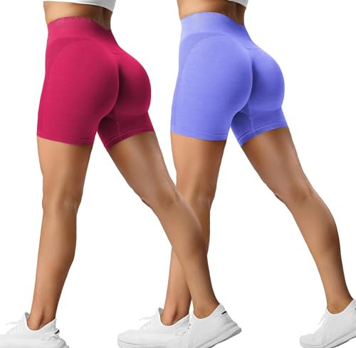 ZAAYO 2er-Pack Sport Short Damen Butt Scrunch Kurze Sporthose Laufhose Hohe Taille Kurze Hosen Butt Lift Booty Nahtlos Fitness Tie Dye Gym Shorts Rose-Taro Purple Small