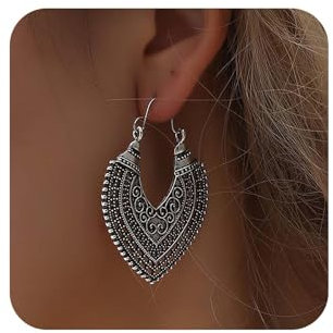 Aneneiceera Vintage Tribal Heart Dangle Earrings Filigrane Herz Creolen Silber Hollow Heart Earrings Ethnische Zigeuner Reif Ohrringe Schmuck Für Frauen Und Mädchen