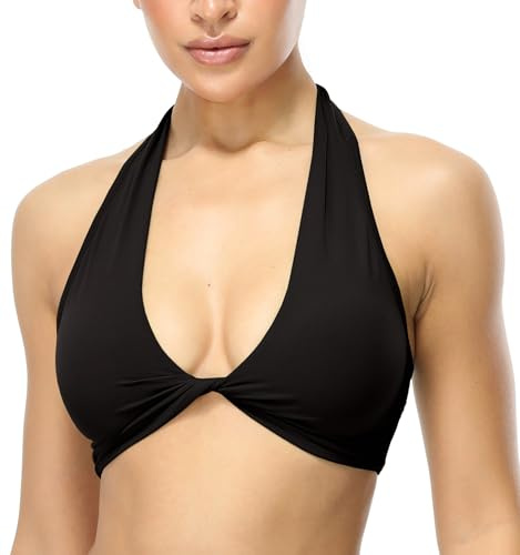 icyzone Sujetadores deportivos tipo halter para mujer, acolchados, sin espalda, con torcedura frontal, para entrenamiento, yoga, bajo impacto, Negro -, Large