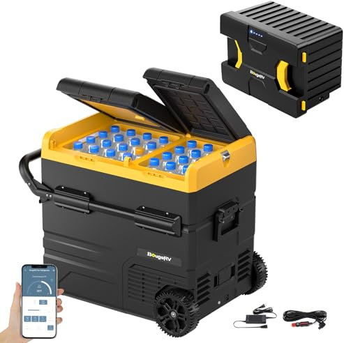 BougeRV CRD Kompressor Kühlbox mit Akku, 55L Kühlbox Auto Doppeltür Doppelzone 12V 24V 230V mit Tragbare Powerstation 173Wh (4-10 Stdn. Laufzeitverlängerung) Netzteil für Kühlschrank Auto Camping