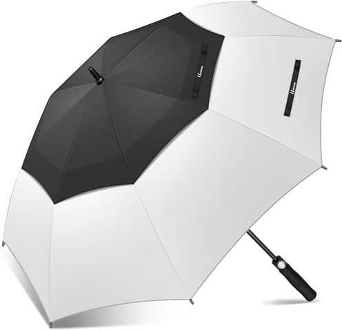 NINEMAX Ombrello Pioggia Grande XL, Ombrello Golf Grande Antivento Robusto, Lungo Ombrelli Grandi Da Pioggia Automatico Resistente Al Vento Forte per Uomo Donna (Nero/Bianco)