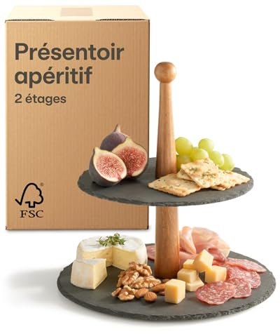 Praknu Etagere 2 Etagen aus Schiefer Schwarz – Servierständer aus FSC® Akazienholz – Vielseitig & Elegant – Für Dessert, Obst, Buffet, Frühstück