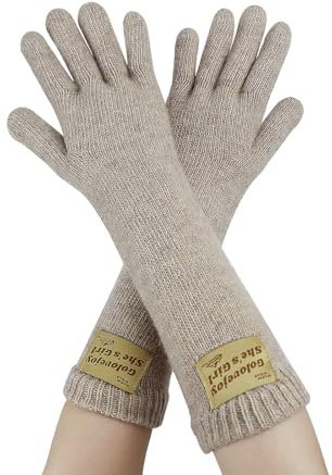 Andiker Guantes térmicos para mujer, guantes de lana de punto para el pulgar y el dedo índice, guantes de invierno cálidos y elásticos para interiores y viajes, conducción en invierno, caqui, Largo