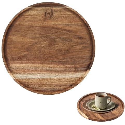 Assiette ronde en bois d'acacia - 20 x 20 x 1,5 cm - Plateau rond en bois d'acacia - Plateau à pain - Décoration de table - Organiseur de plan de travail - Convient pour comptoir, fête d'anniversaire,