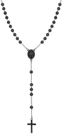 Eigso 5MM Gemmes Noires Chapelet Collier pour Homme Femme Croix Chrétienne Pendentif Collier pour Homme Femme