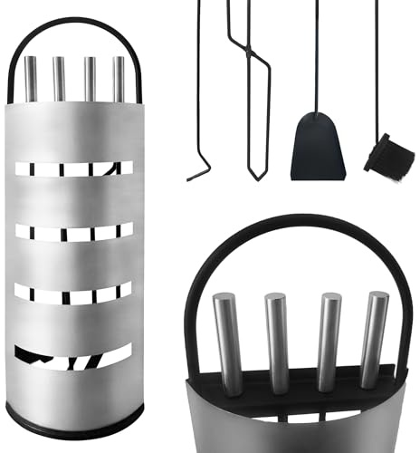 PEILU Juego de 5 utensilios modernos de acero inoxidable con mango de metal, incluye atizador, pala para cenizas, escoba de chimenea, pinzas y soporte, color plateado
