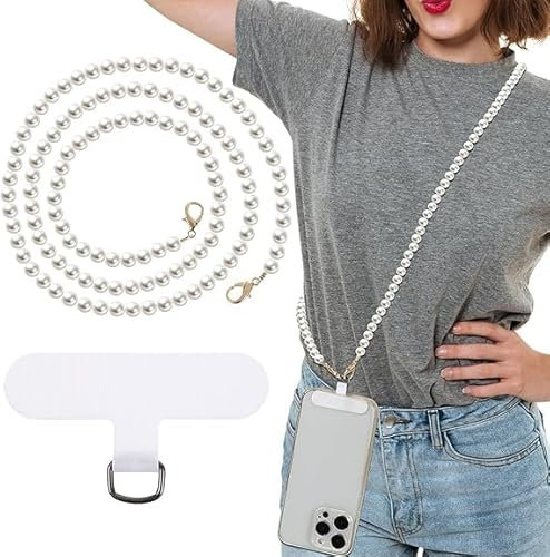 HORREX Cadena para teléfono de 120 cm, con cuentas, universal, incluye cordón de perlas para teléfono móvil, correa cruzada para mujer, parche para cualquier funda de teléfono móvil, correa para