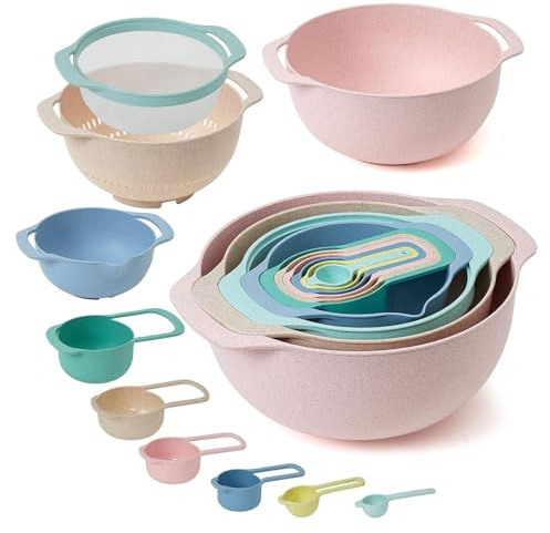 Mixing Bowls, Nesting Baking Bowls with Colander & Fine Mesh (Wheat-10PCS)
