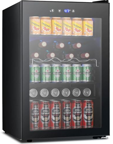 COWSAR Beverage Refrigerator, 145 Can Mini Fridge Glass Door for Soda Beer, ETL Approved Stainless Steel Wine Fridge with Temperature Display, LED Light for Home, Office, Bar, 4.5 cu.ft