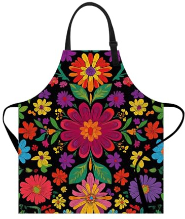 THISFIND Colorful Floral Print Apron for Women – Adjustable Waterproof & Oil-Resistant Apron for Cooking, Baking, Gardening & Kitchen Use – Black Background with Multicolor Flowers