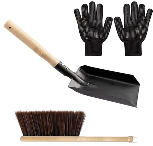 Set di pala e spazzola per ceneri - Pala in metallo resistente con manico lungo in legno | Kit spazzola per e carbone, stufa, casa o falò