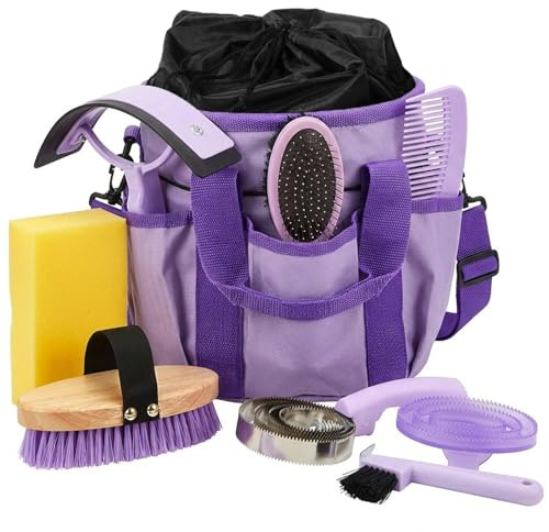 Cunhill 9 Pcs Horse Grooming Kit Tack Room Supplies Set with Tote Bag, Oval Massage Curry, Hard and Soft Brush, Hoof Pick, Sweat Scraper, Bathing Sponge, Comb for Horse Rider(Classic,Purple)