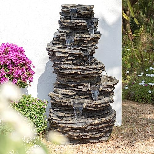 Primrose 147cm Stone Effect 8 Tier Rock Cascade Garden Water Feature with Halogen Lights Self Contained Reservoir