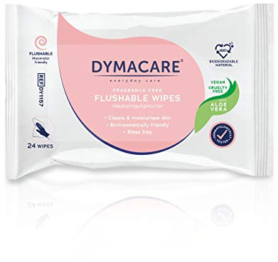 DYMACARE Flushable Wet Wipes | Large Moist Body Cleansing Wipes with Aloe Vera | Plant based biodegradable wipes for Personal Care and all the Family | 1 Pack (24 wipes in total)