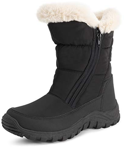 Polar Damen Gedächtnisschaum Zwilling Reißverschluss Öffnen Ziehen Sie An Nylon Wasserdicht Kunstfell Gefüttert Winter Regen Schnee Stiefels - Schwarz/Beige - UK7/EU40 - YC0662