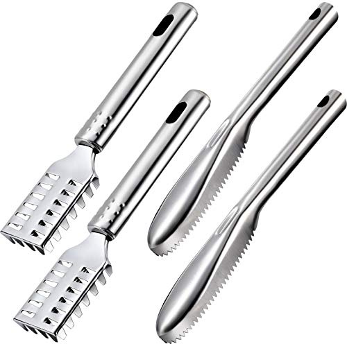 4 Piece Fish Scaler Remover Brush Set - Stainless Steel Sawtooth Scarper With Ergonomic Handle for Kitchen - Faster and Easier Scales Skin Removing Peeling Tool