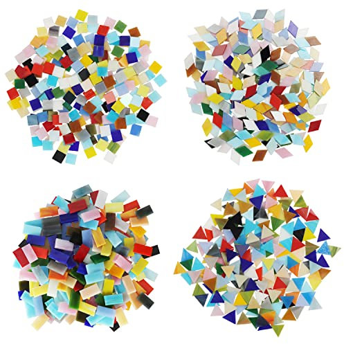 Belle Vous Mosaic Mixed Coloured Tiles in 4 Shapes (525 Pieces/500g) - Tiles Come in Diamond, Square, Rectangle and Triangle - Assorted Stained Glass for Handmade DIY Art/Crafts and Home Decoration