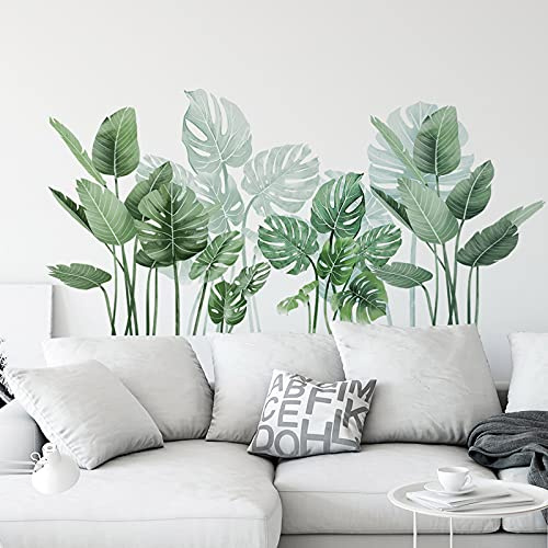 Green Palm Leaf Plants Wall Stickers, Nature Monstera Leaf Tropical Plant Wall Decals, ZONITOK Giant Leaves Wall Mural Decor for Living Room Bedroom Classroom Office Decoration