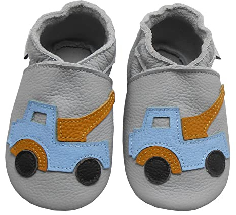 Bemesu scarpe per gattonare per bambini primi passi pantofole in pelle pantofole per bambini in morbida pelle per ragazze e ragazzi auto grigio chiaro (L, 12-18 M, EU 21-22)