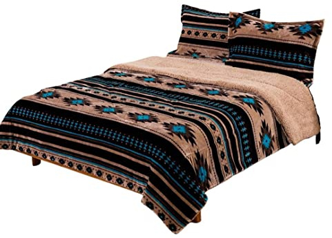 Linen Mart Southwest Plush Sherpa Aztec Navajo Fleece Blanket Set - 3 Piece Set (Queen, Brown)