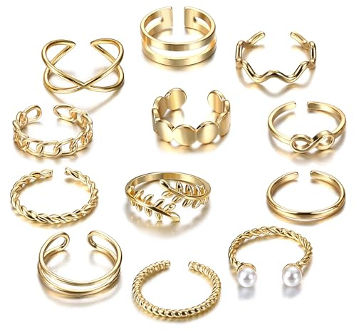 IRONBOX 12 Pcs Adjustable Knuckle Rings for Women 14K Gold Plated Stacking Rings Pack Wave Star Moon Dainty Thumb Open Rings Set Gold