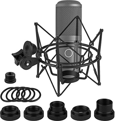 Geekria for Creators Soporte de choque para micrófono compatible con AKG P120, P220, P420, P820 Adaptador de suspensión antivibración Abrazadera Clip de soporte para micrófono (Negro/Metal)