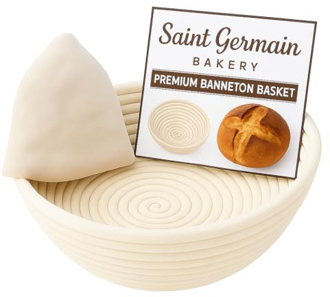 Saint Germain Bakery Premium Round Bread Banneton Basket with Liner - Perfect Brotform Proofing Basket for Making Beautiful Bread (9 inch)