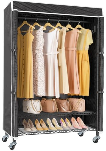 VIPEK R3C Rolling Clothes Rack with Cover Portable Closet for Hanging Clothes, Heavy Duty Garment Rack Freestanding Racks with Wheels&Side Hooks, Black Rack with Black Upgraded Polyester Cover