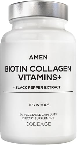 Amen Biotin Collagen Vitamins+ 10,000 mcg Biotin Supplement - Hydrolyzed Collagen, Vitamins C & E, Folate, Hyaluronic Acid, Keratin, MSM, Saw Palmetto - 3-Month Supply - Non-GMO - 90 Capsules