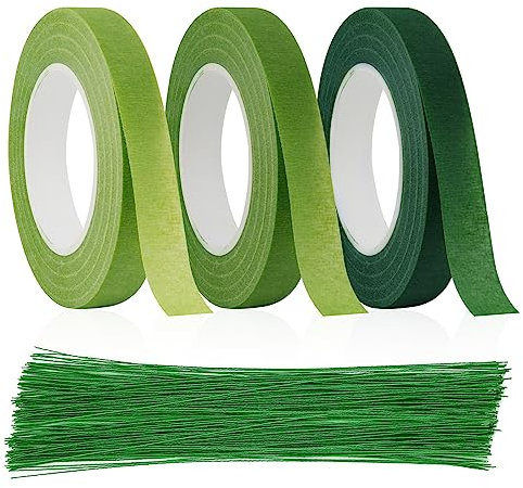 UNINGYI 3 Rollen Floristenband, 100 Pcs Blumendraht Floristik Kreppband Floristikdraht Grün Steckdraht, Blumenstieldraht für Wrapping Blumensträuße und floralen Handwerken (27m/Rolle)