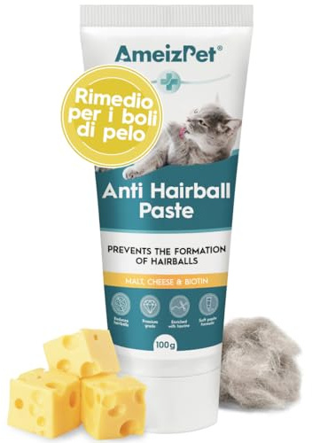 Ameizpet Hairball Remedy for Cats, Treatment for Long & Short Fur Cats with Taurine & Cheese, Anti-Hairball Malt Paste for Pet Fur, 100g (3.52 Oz)