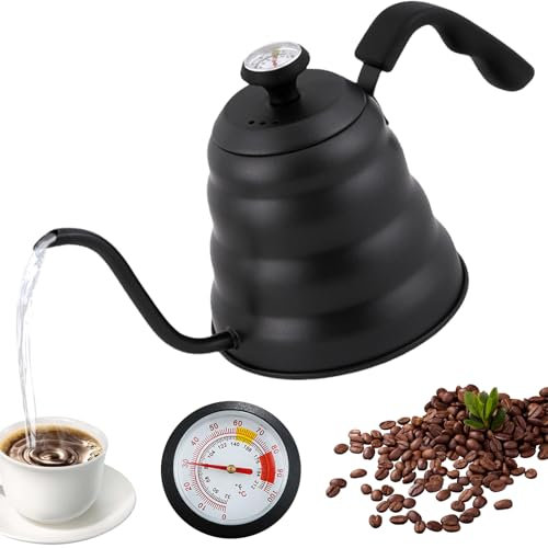 Schwanenhals Wasserkocher, 1200ml / 40oz Edelstahl Wasserkessel Kaffeekanne Wasserkocher Schwanenhals mit Thermometer für alle Herdtypen, Langlebig und Einfach zu Reinigen, Schwarz