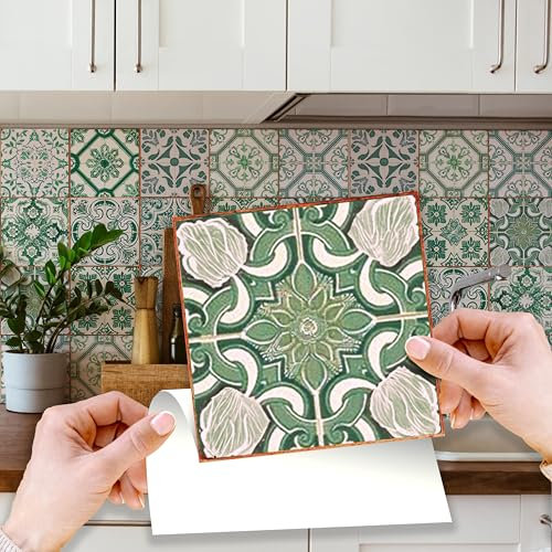 WALPLUS - Adhesivo decorativo para cocina, 15 x 15 cm, adhesivo para azulejos y azulejos para baño, extraíble, color verde y vintage, 24 piezas