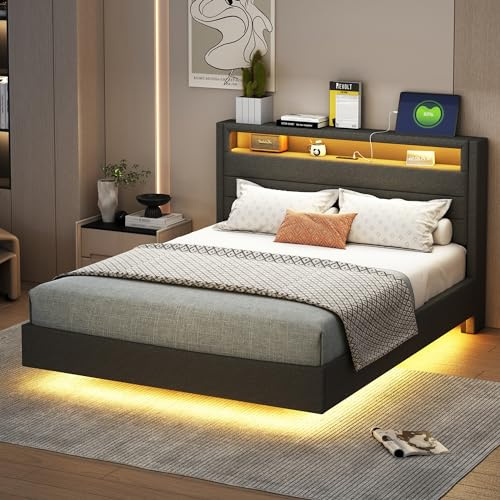KEYIDE Letto matrimoniale imbottito, 140 x 200 cm, con illuminazione a LED e ricarica USB, con spazio di archiviazione, testiera e rete a doghe, per adolescenti, senza materasso, grigio 1, 140 x 200