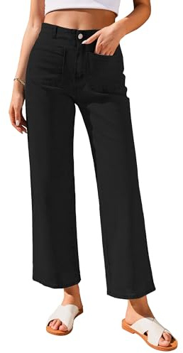 Roskiky Baggy Jeans da donna a vita alta, dritta, con tasche, 7/8, estivi, Nero lavato, M