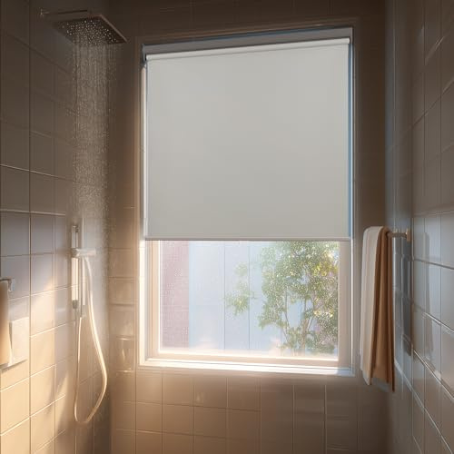 HESTIA No Drill Cordless Blackout Roller Shades Screwless Waterproof Shower Window Blinds, Auto-Retraction Easy Install Blind for Bathroom/Kitchen/Office/Exterior, White, 34.5 W x 72 H