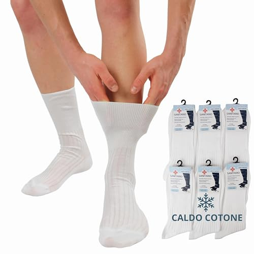 LEON D'ORO Calze Sanitarie Uomo Caldo Cotone Calzini Corti per Diabetici 6 paia Made in Italy (IT, Numero, 40, 42, Regular, Regular, BIANCO 6 paia)