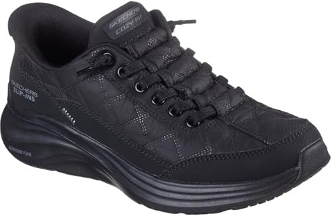 Skechers Women's Contour Foam Slip-On Sneakers, Black Mesh/Duraleather/Leather/Trim, 6 UK